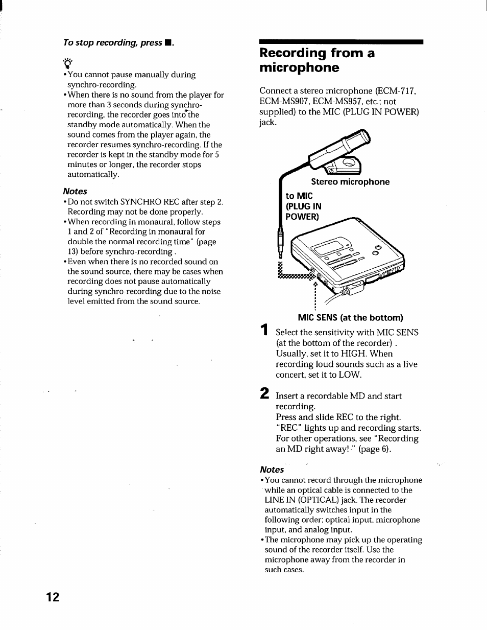 Notes, Recording from a microphone | Sony MZ-R55 User Manual | Page 12 / 42