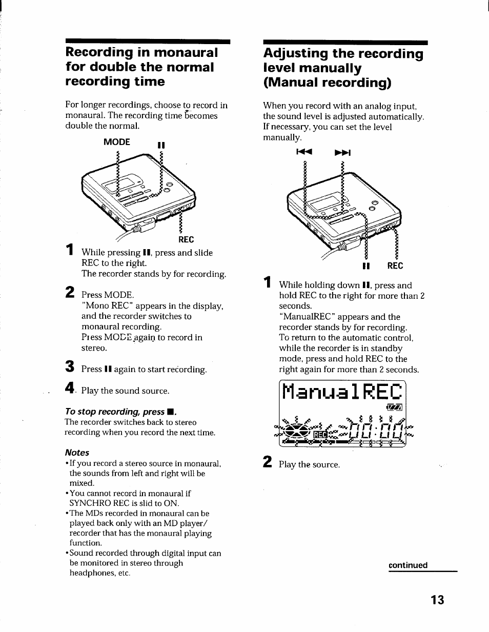 To stop recording, press m, Notes, M-anualrec | Sony MZ-R55 User Manual | Page 13 / 42