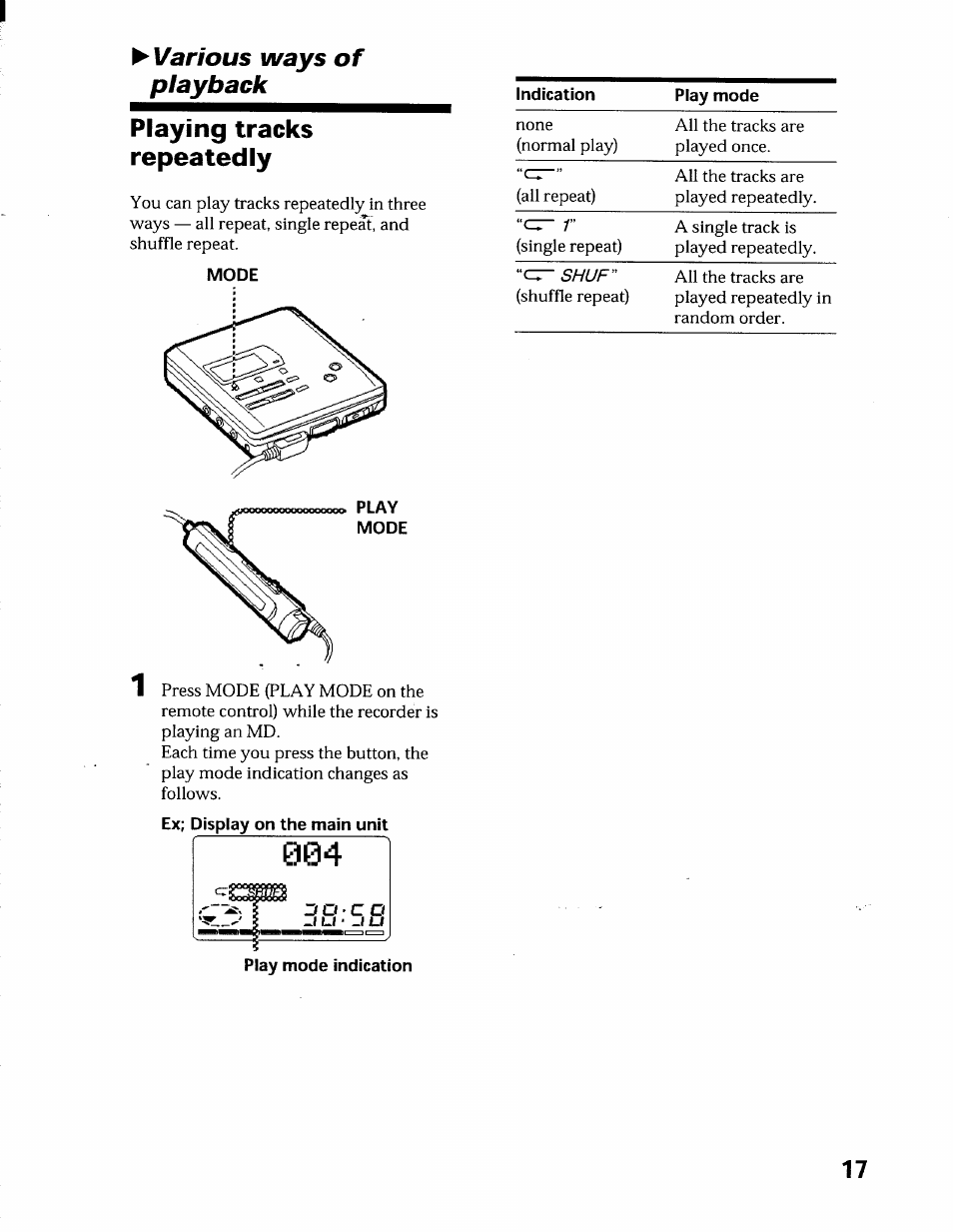 Various ways of playback, Playing tracks repeatedly, Various ways of playback playing tracks repeatedly | Sony MZ-R55 User Manual | Page 17 / 42