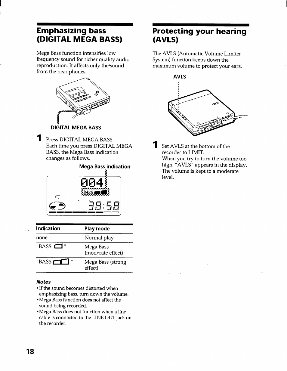 Emphasizing bass (digital mega bass), Protecting your hearing (avls), Notes | Sony MZ-R55 User Manual | Page 18 / 42