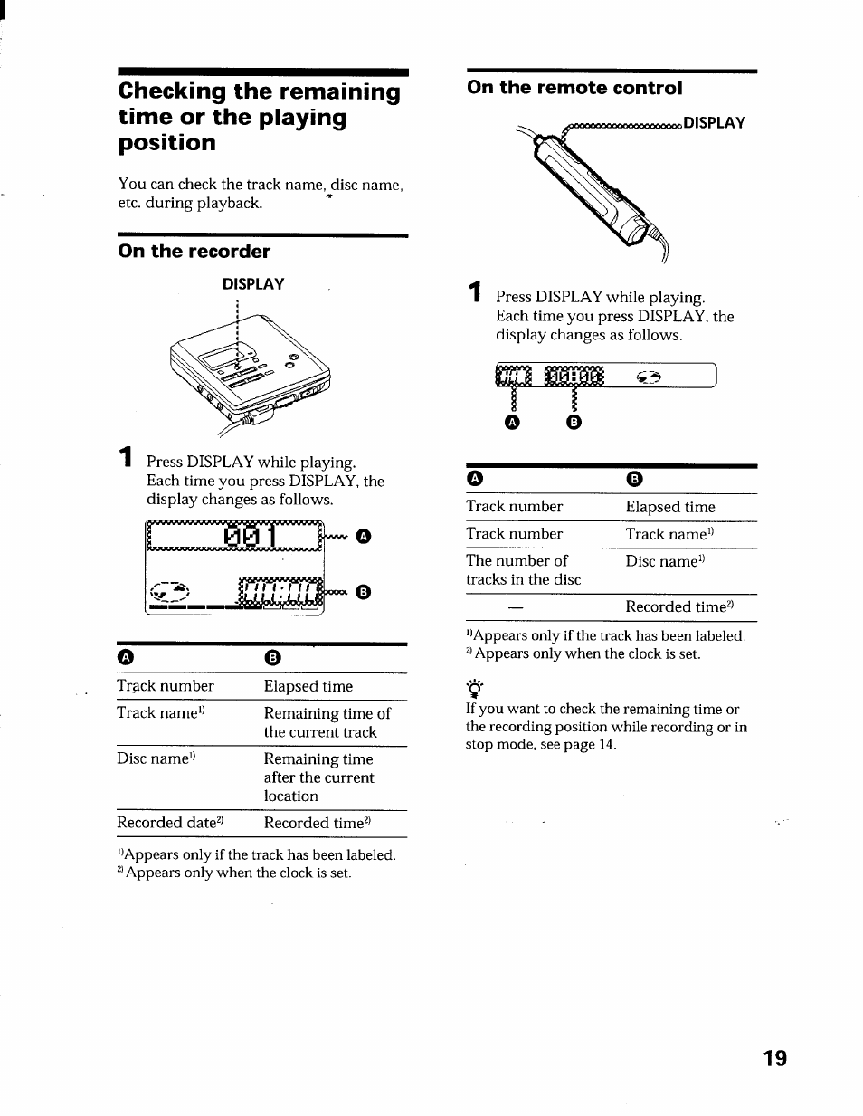 Display, O o o o | Sony MZ-R55 User Manual | Page 19 / 42