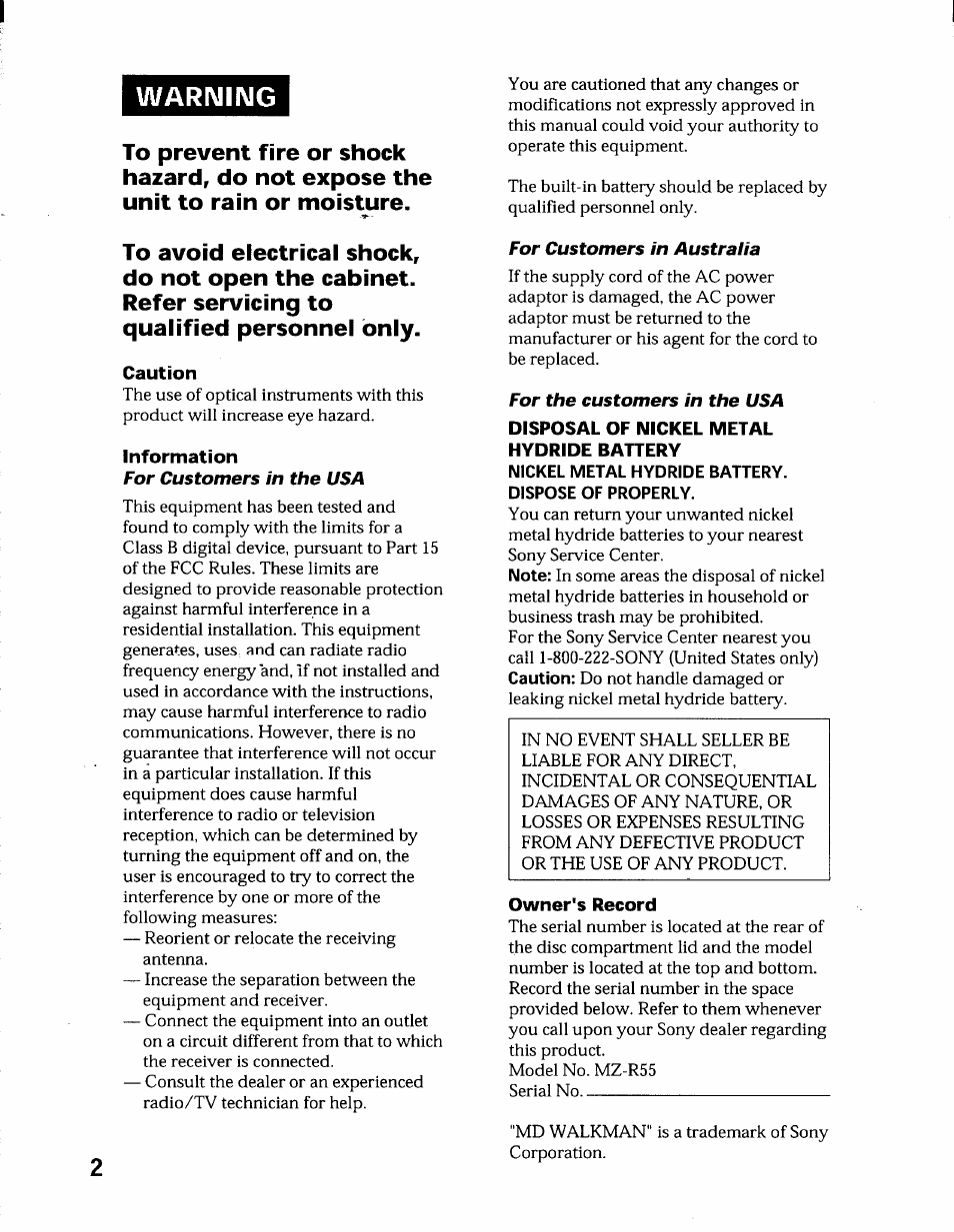 Warimiimg, Caution, Information | Disposal of nickel metal hydride battery, Owner's record | Sony MZ-R55 User Manual | Page 2 / 42