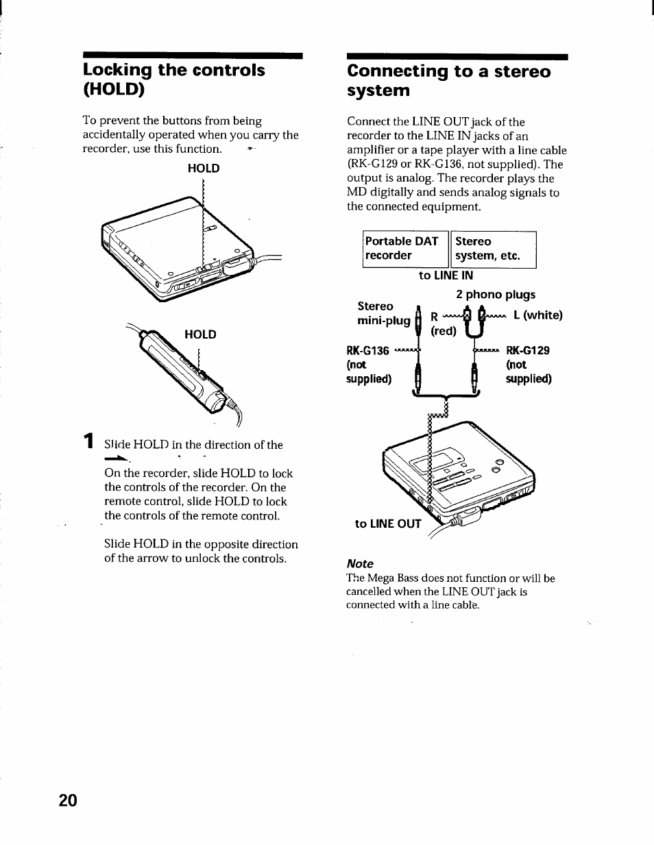 Locking the controls (hold), Connecting to a stereo system, Note | Sony MZ-R55 User Manual | Page 20 / 42