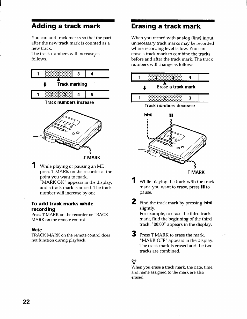 Adding a track mark, Erasing a track mark, To add track marks while recording | Note, Adding a track mark erasing a track mark | Sony MZ-R55 User Manual | Page 22 / 42