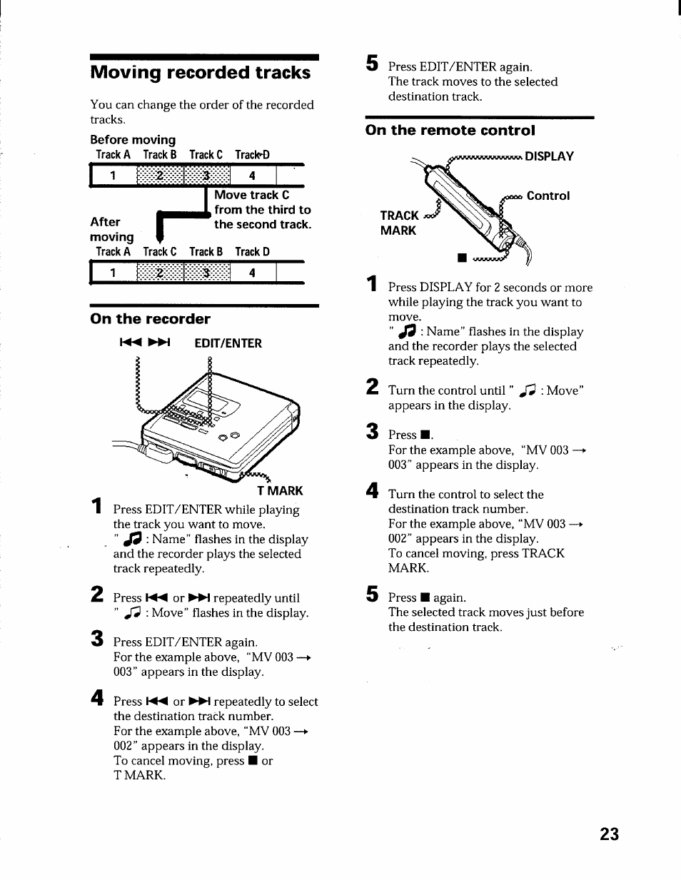 Moving recorded tracks, Edit/enter | Sony MZ-R55 User Manual | Page 23 / 42