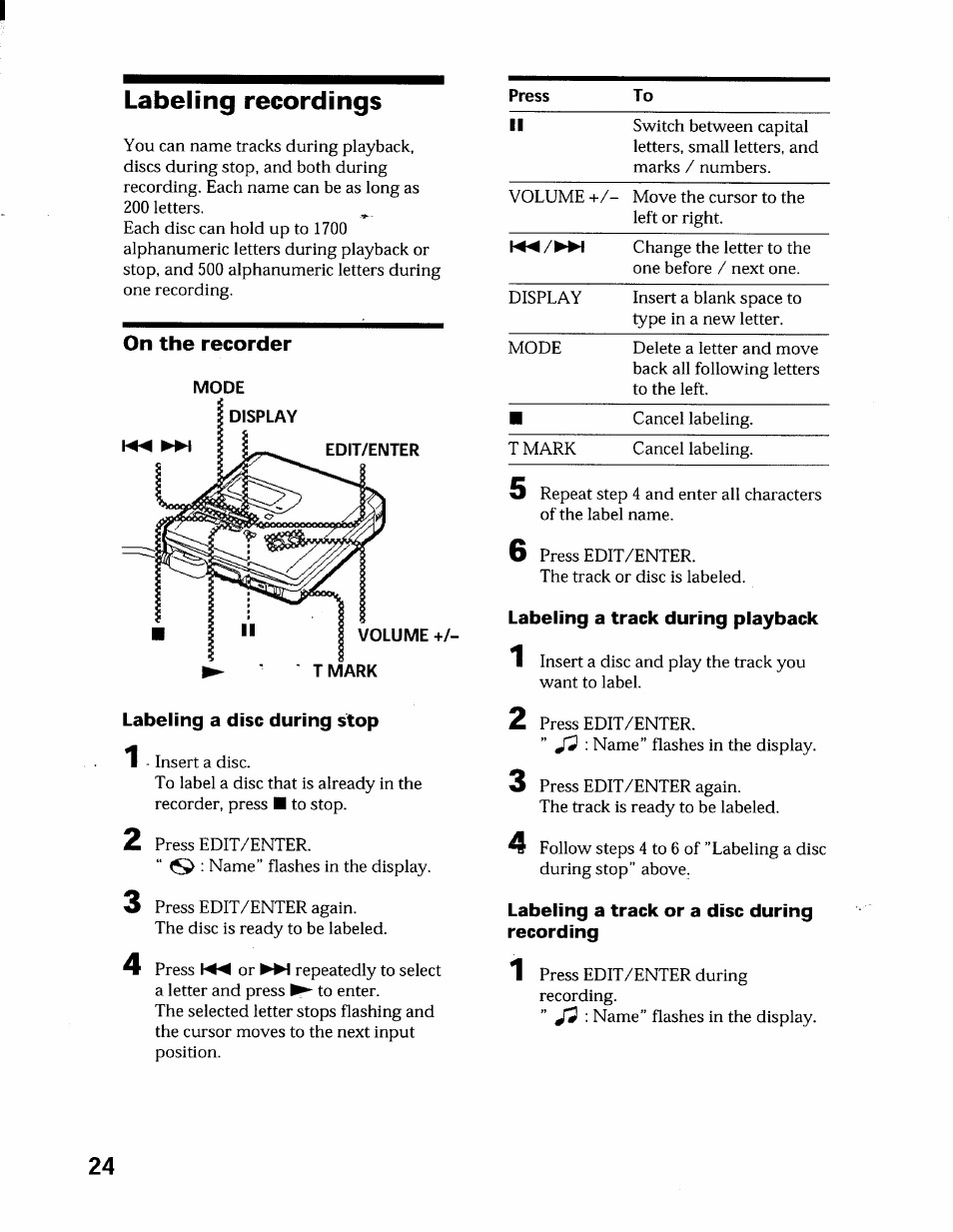 Labeling recordings, Labeling a disc during stop, Labeling a track during playback | Sony MZ-R55 User Manual | Page 24 / 42