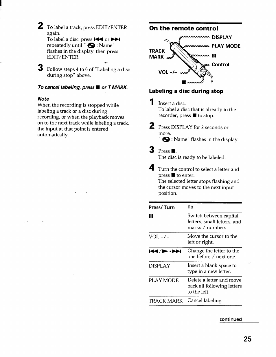 To cancel labeling, press m or t mark. note, Labeling a disc during stop | Sony MZ-R55 User Manual | Page 25 / 42