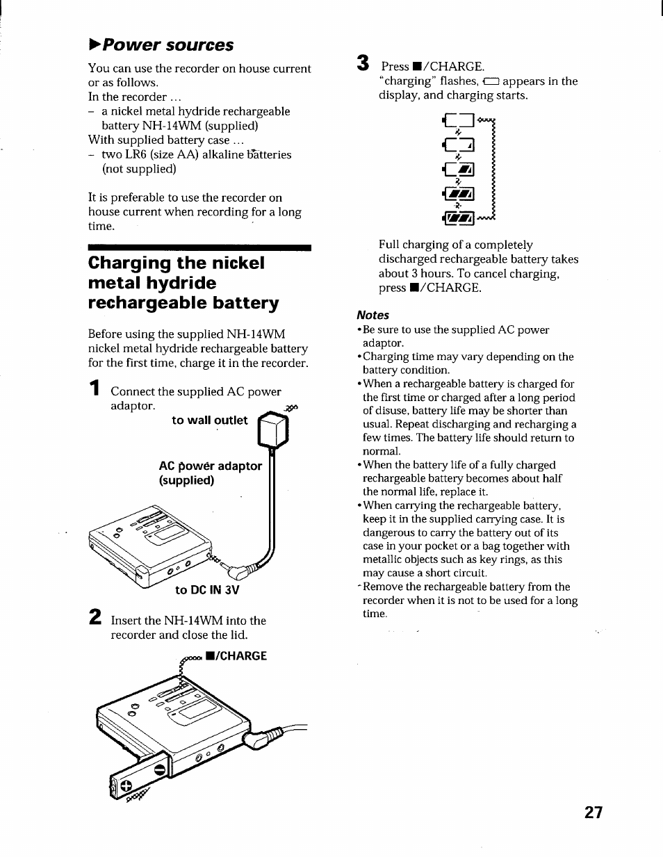 Power sources, Notes, Sources | Power | Sony MZ-R55 User Manual | Page 27 / 42