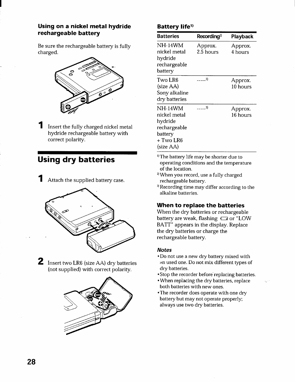 Battery life, Using dry batteries, When to replace the batteries | Notes | Sony MZ-R55 User Manual | Page 28 / 42