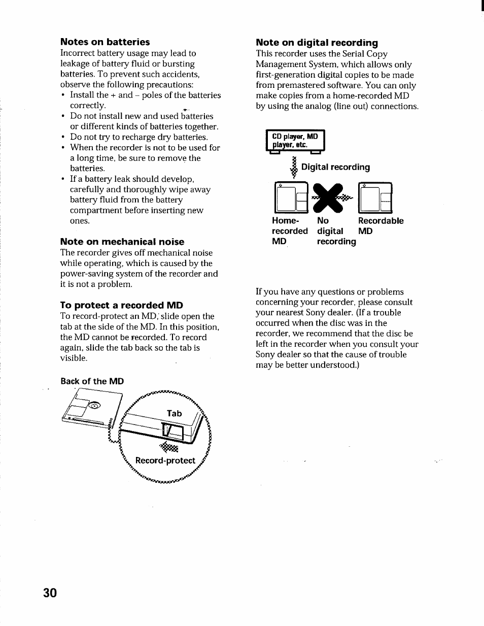 Notes on batteries, Note on mechanical noise, To protect a recorded md | Note on digital recording | Sony MZ-R55 User Manual | Page 30 / 42