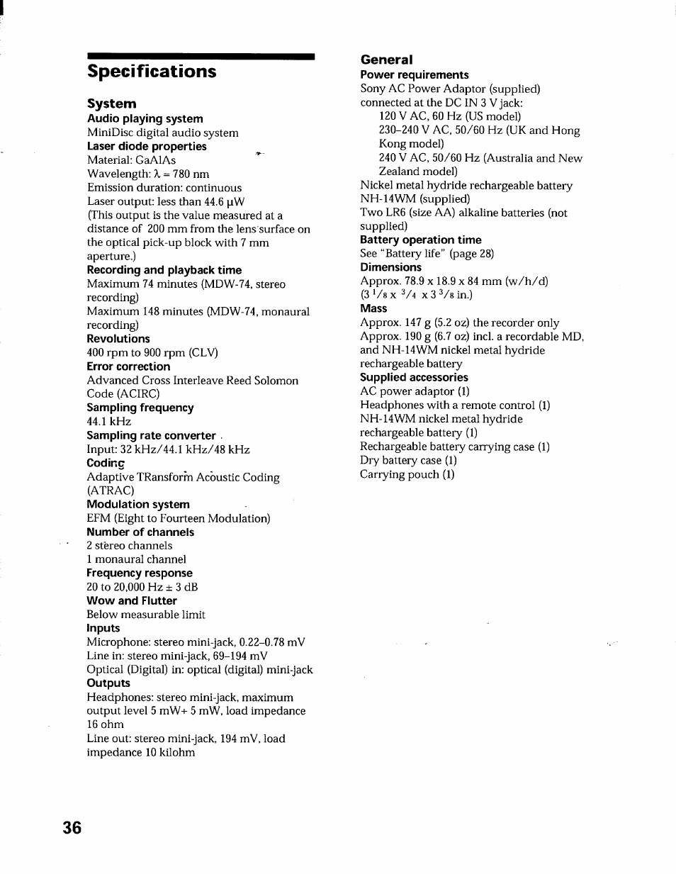 Specifications, System, General | Sony MZ-R55 User Manual | Page 36 / 42