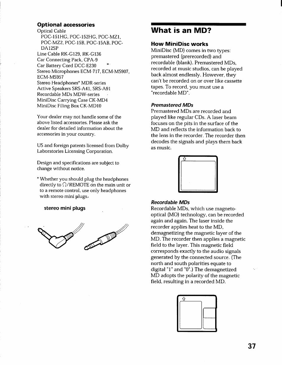 Optional accessories, What is an md, How minidisc works | Premastered mds, Recordable mds | Sony MZ-R55 User Manual | Page 37 / 42