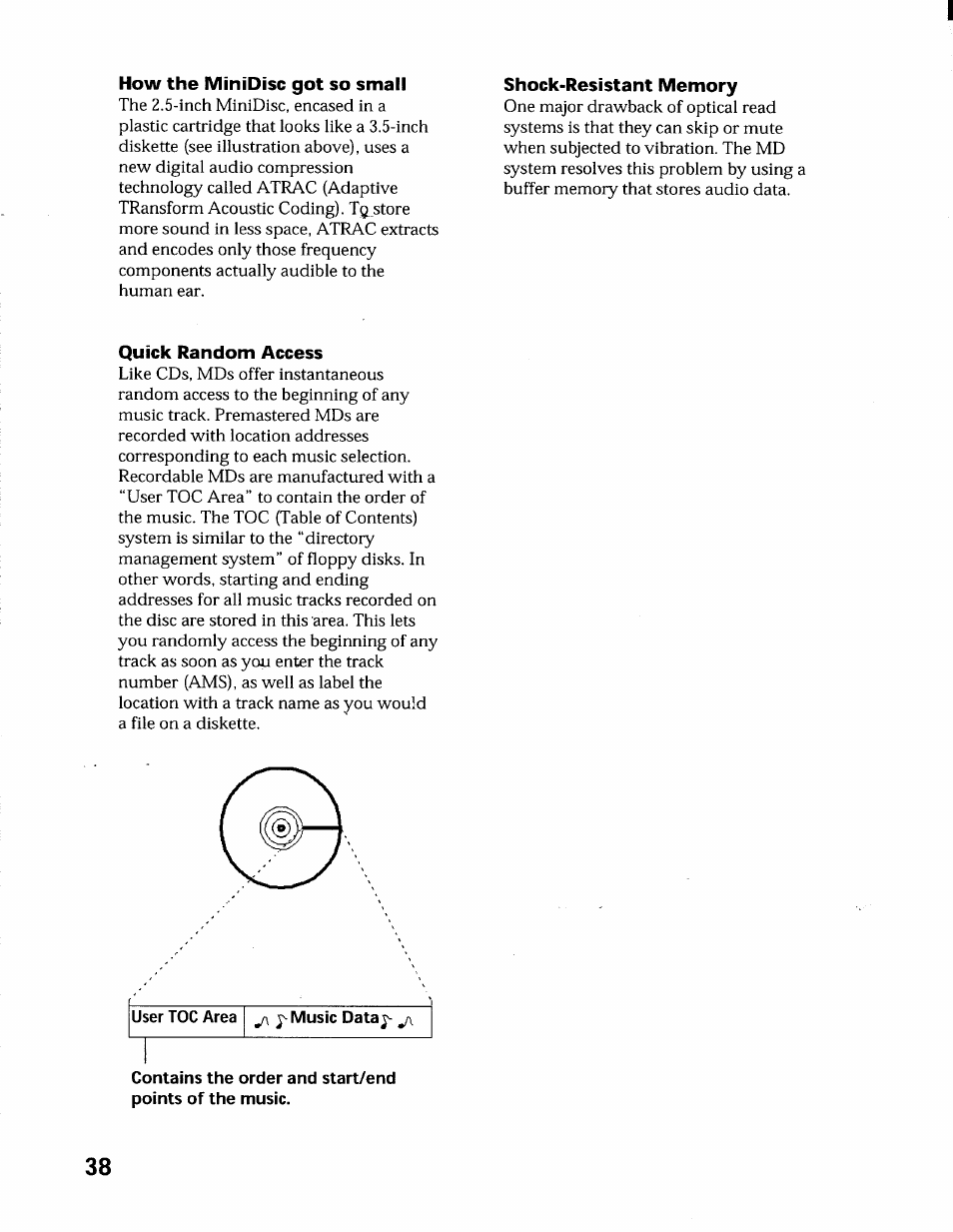 How the minidisc got so small, Shock-resistant memory, Quick random access | Sony MZ-R55 User Manual | Page 38 / 42