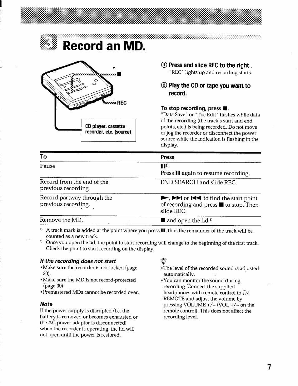 Record an md, To stop recording, press, If the recording does not start | Note | Sony MZ-R55 User Manual | Page 7 / 42