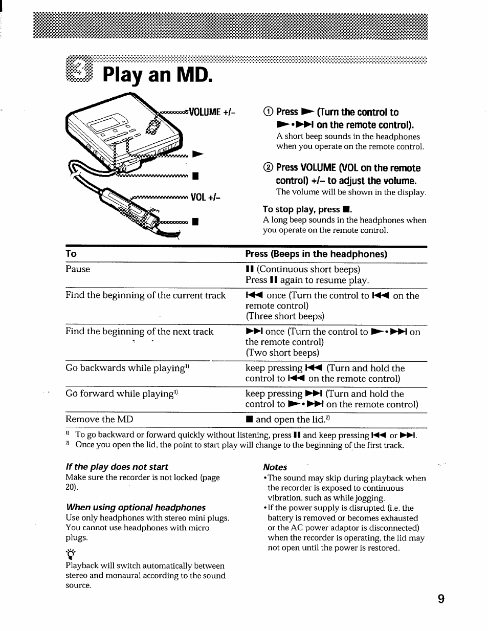 Play an md, To stop play, press, If the play does not start | When using optional headphones, Notes | Sony MZ-R55 User Manual | Page 9 / 42