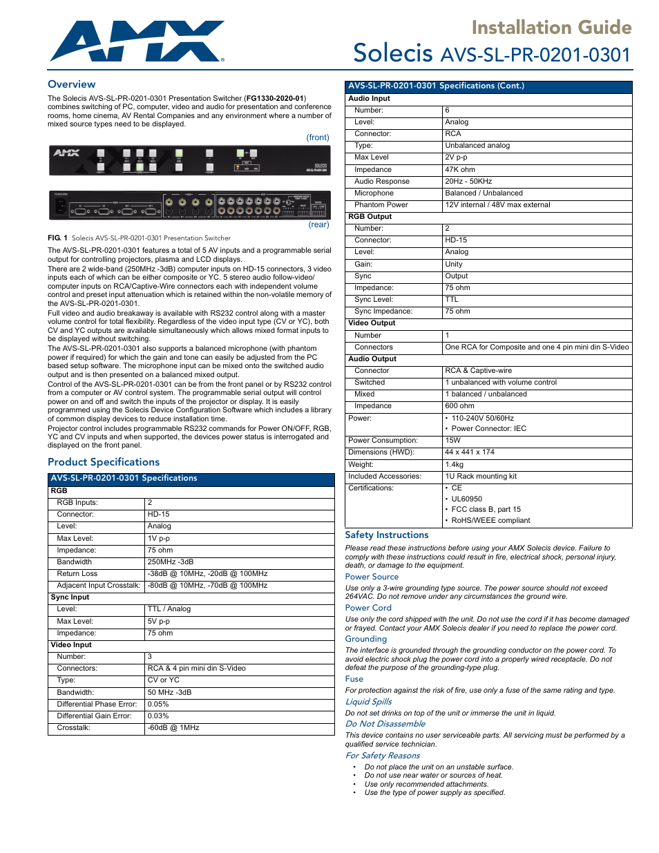 AMX Solecis AVS-SL-PR-0201-0301 User Manual | 2 pages