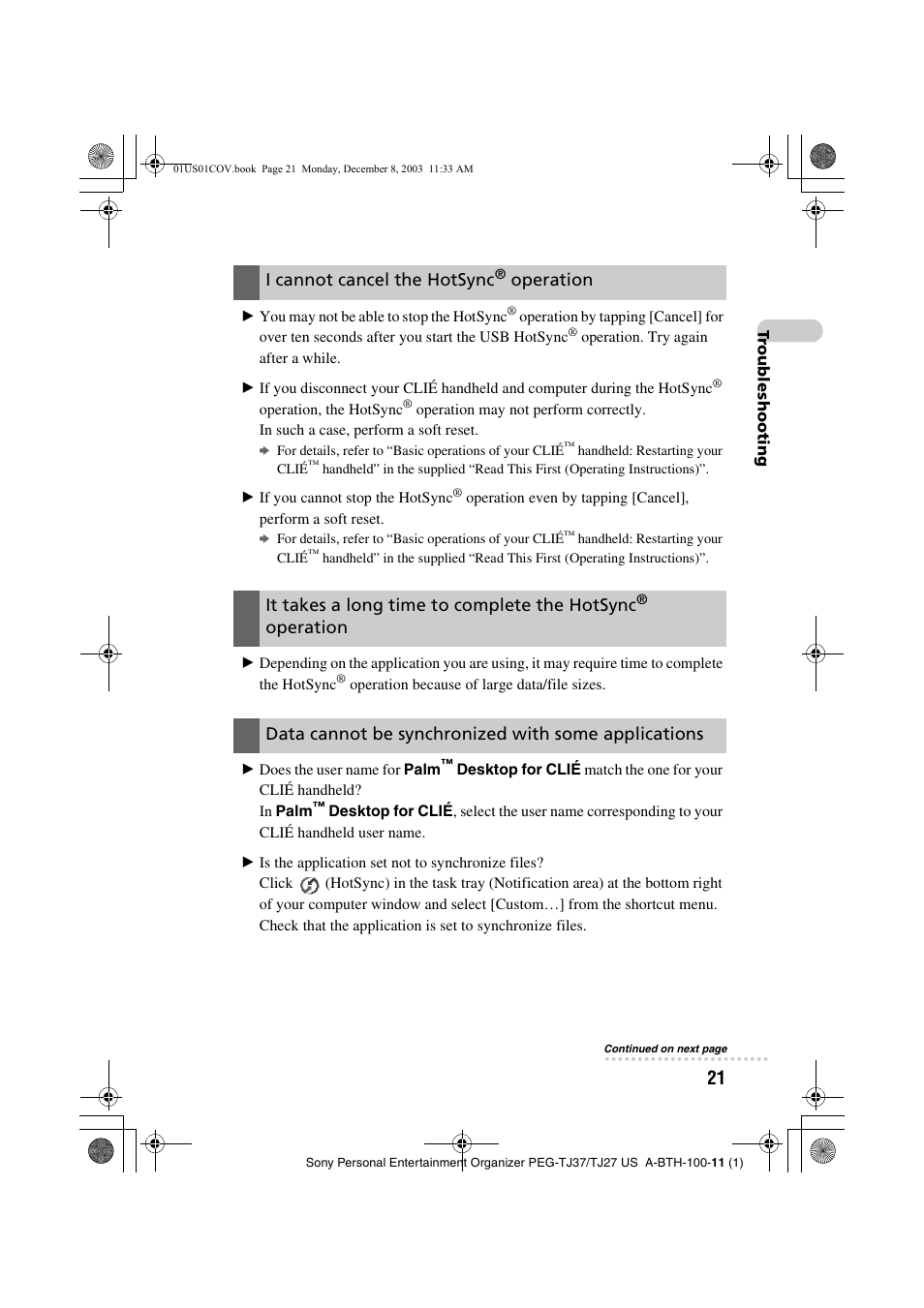 I cannot cancel the hotsync, Operation, It takes a long time to complete the hotsync | Data cannot be synchronized with some applications | Sony PEG-TJ27 User Manual | Page 21 / 51