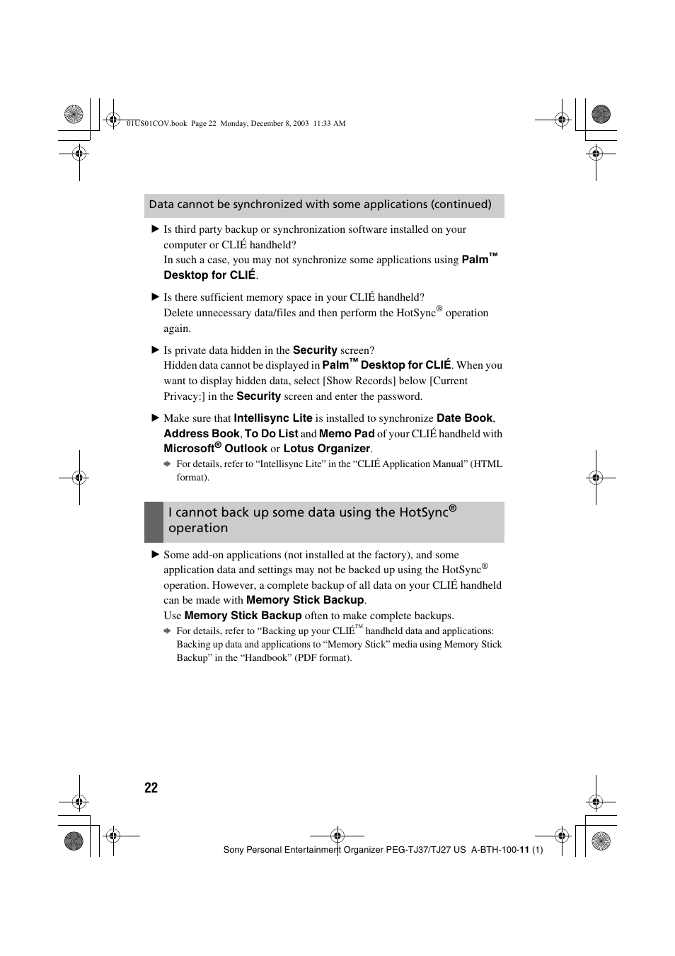 I cannot back up some data using the hotsync, Operation | Sony PEG-TJ27 User Manual | Page 22 / 51