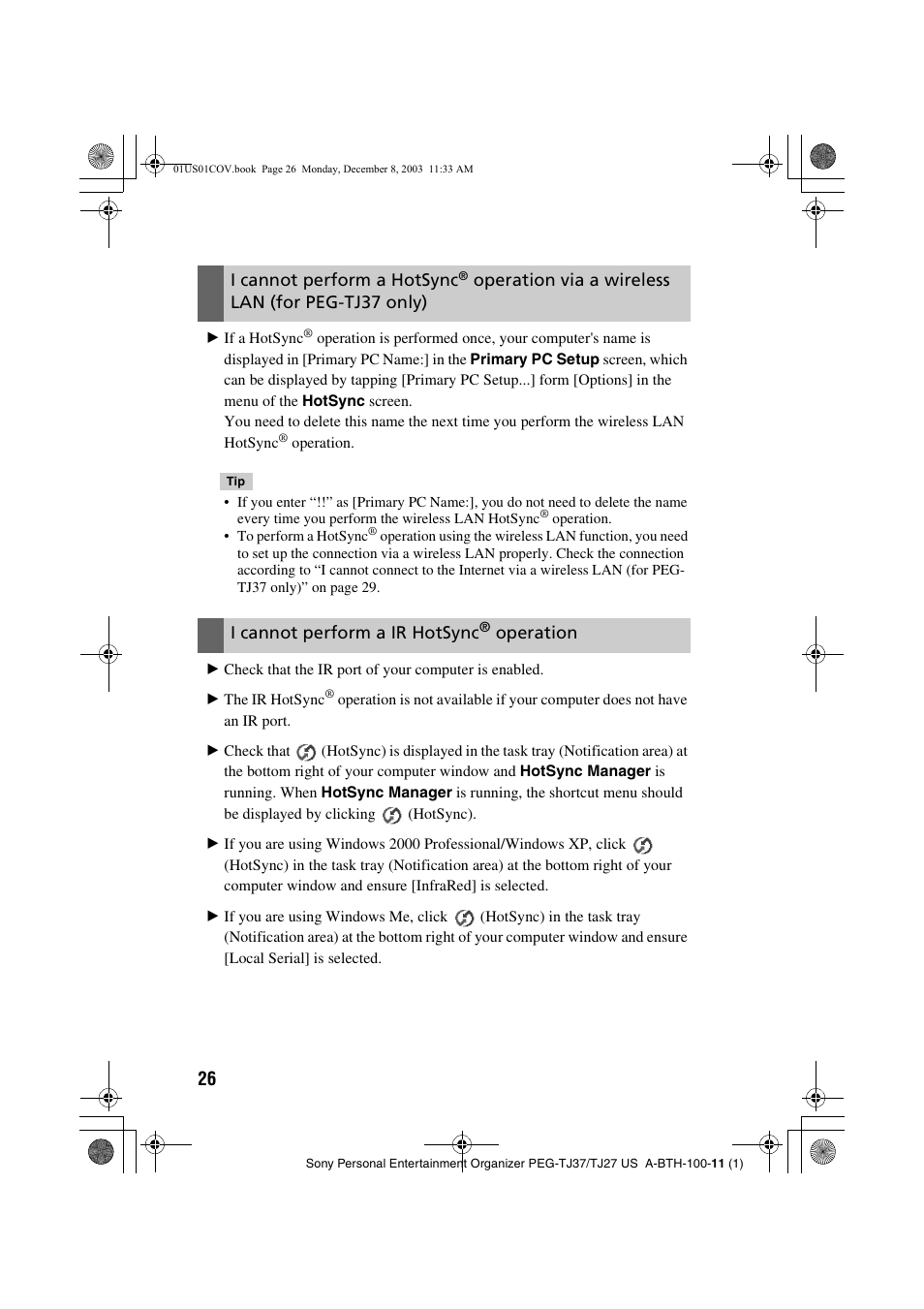 I cannot perform a hotsync, Operation via a wireless lan, For peg-tj37 only) | I cannot perform the ir hotsync, Operation | Sony PEG-TJ27 User Manual | Page 26 / 51