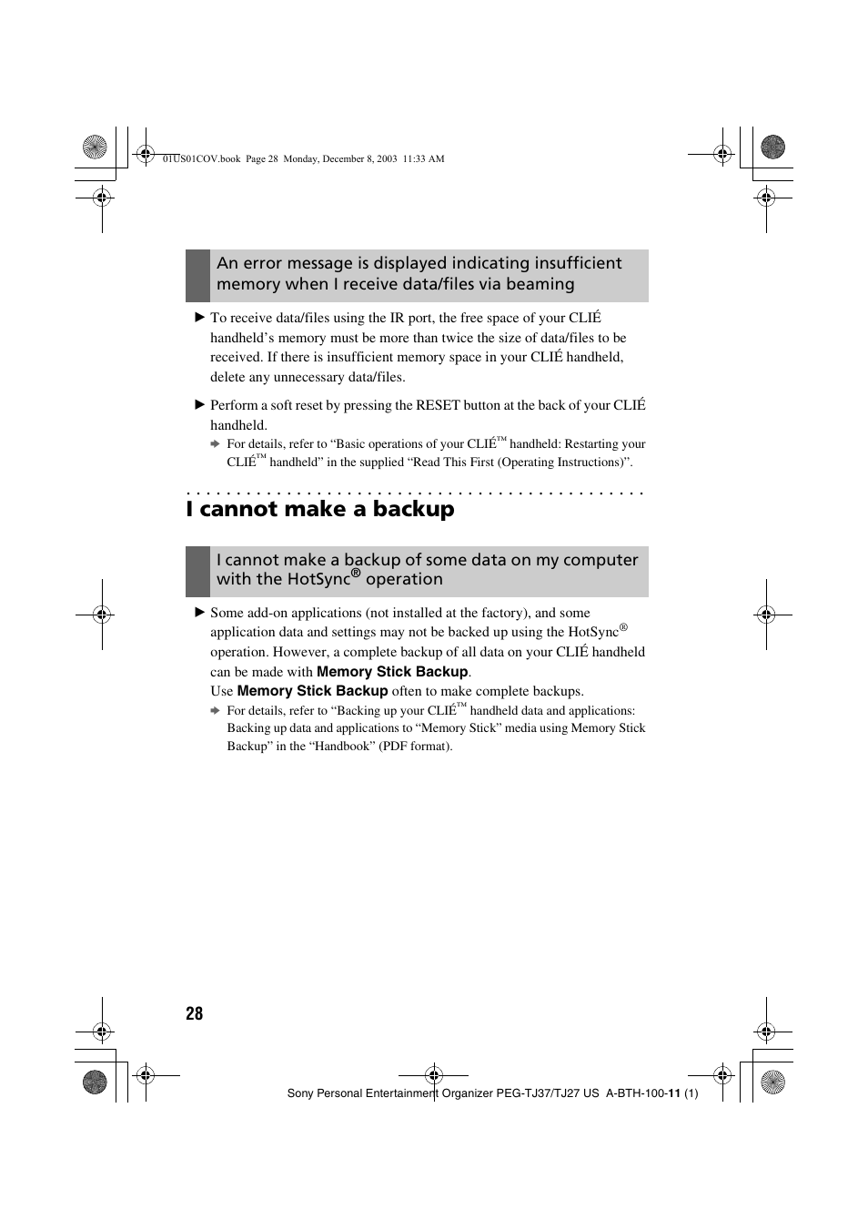 I cannot make a backup, Operation | Sony PEG-TJ27 User Manual | Page 28 / 51