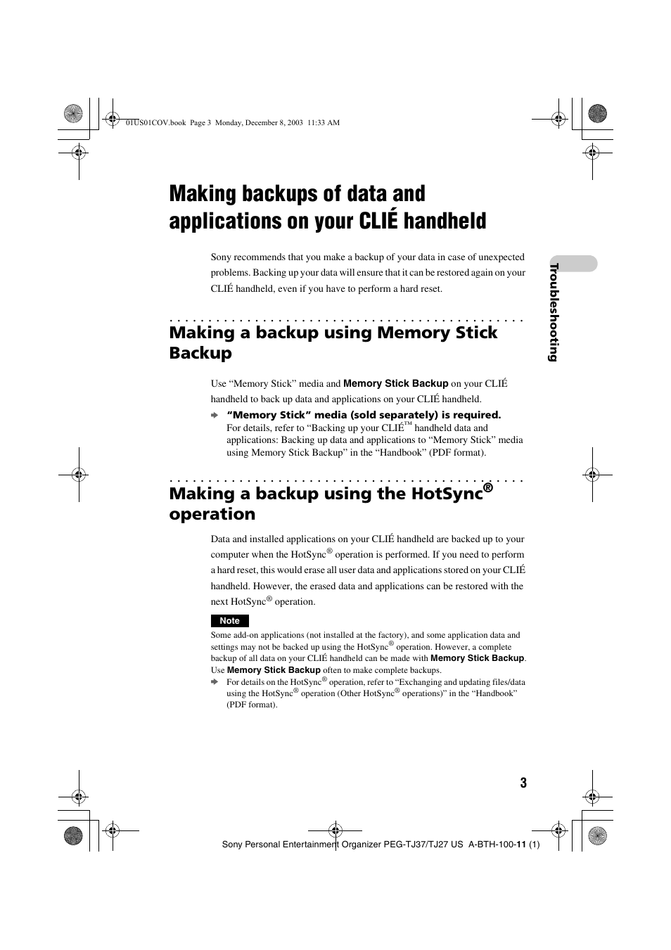 Making a backup using memory stick backup, Making a backup using the hotsync® operation, Making a backup using the hotsync | Operation | Sony PEG-TJ27 User Manual | Page 3 / 51