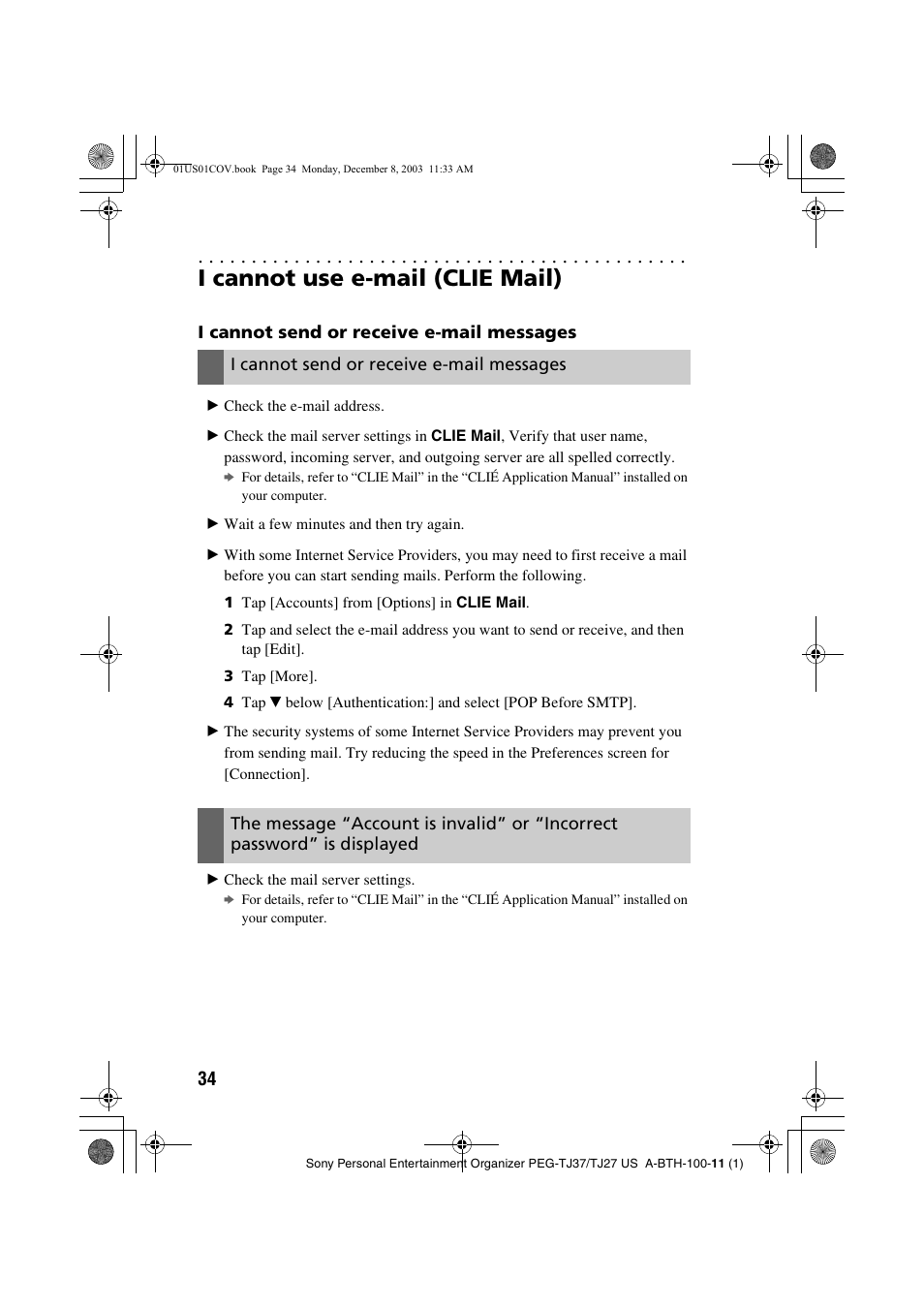 I cannot use e-mail (clie mail), I cannot send or receive e-mail messages | Sony PEG-TJ27 User Manual | Page 34 / 51