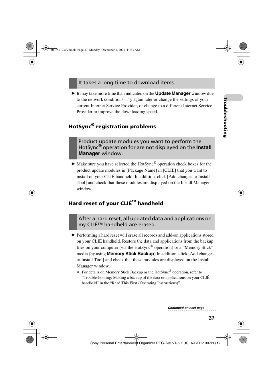 It takes a long time to download items, Hotsync, Registration problems | Operation for are not displayed on the, Install manager, Window, Hard reset of your clié, Handheld | Sony PEG-TJ27 User Manual | Page 37 / 51