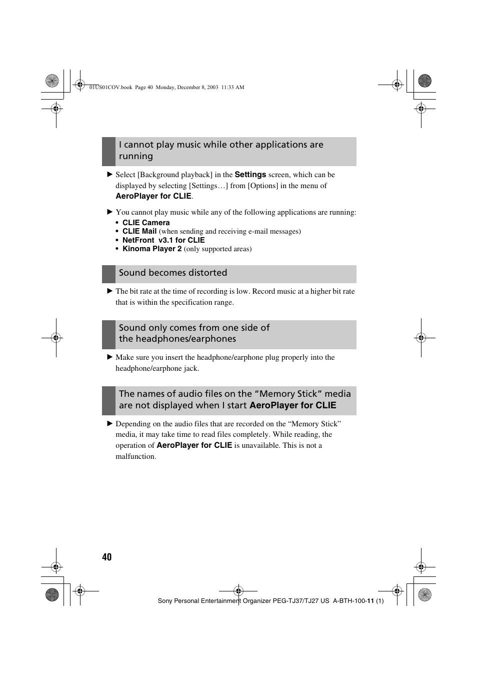 Sound becomes distorted, Aeroplayer for clie | Sony PEG-TJ27 User Manual | Page 40 / 51