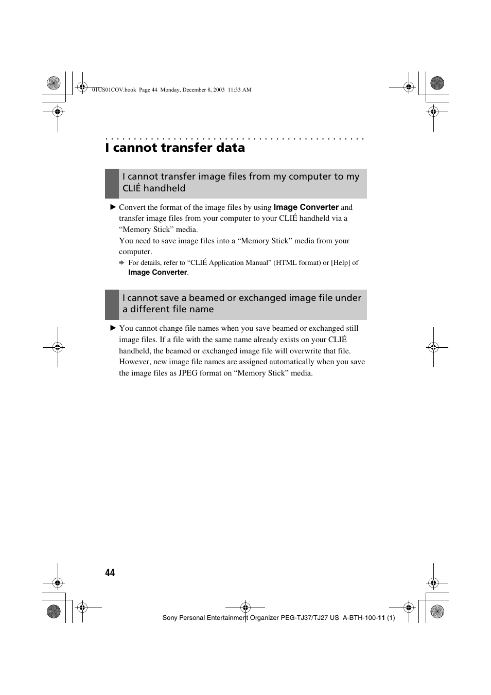 I cannot transfer data | Sony PEG-TJ27 User Manual | Page 44 / 51