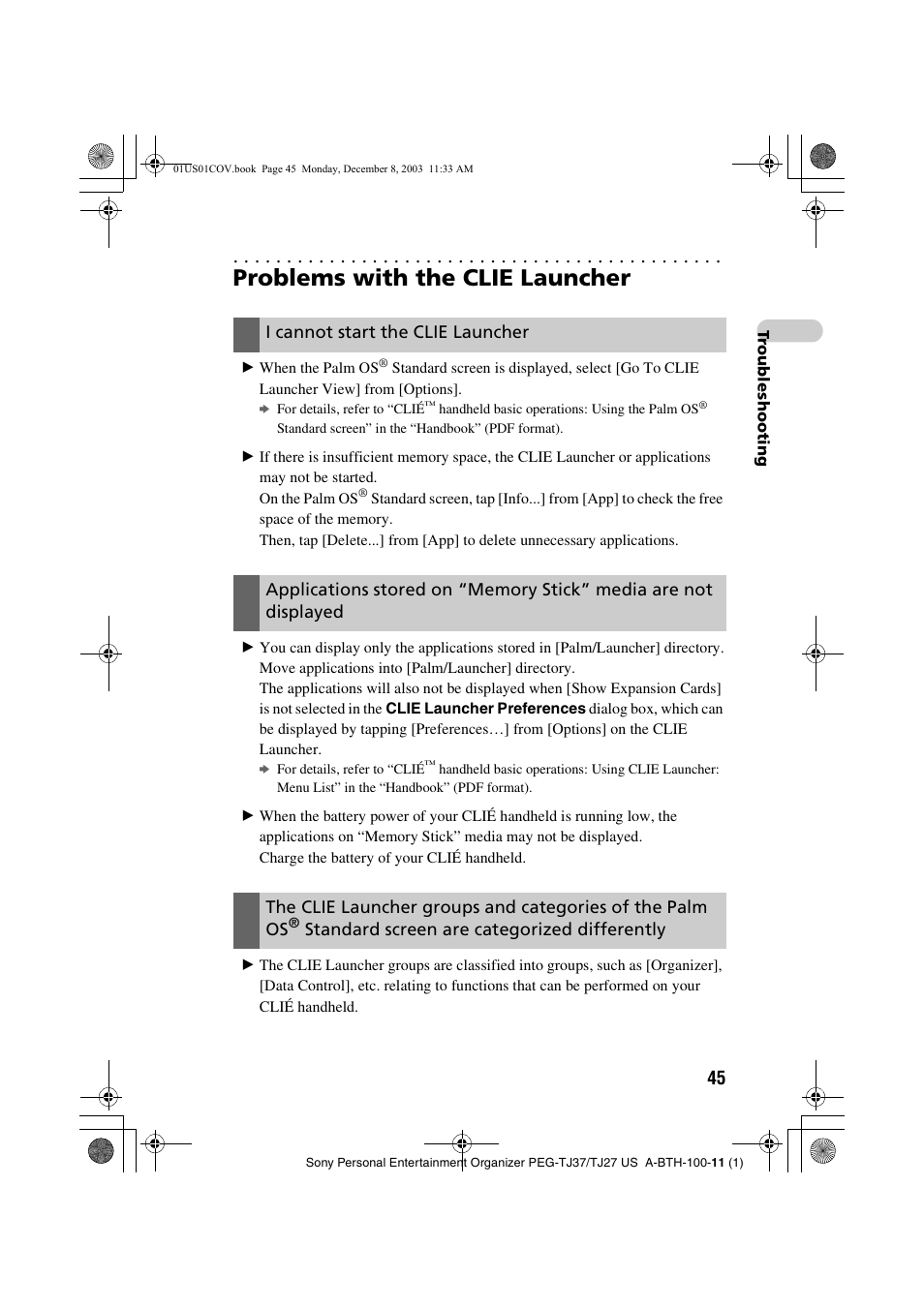 Problems with the clie launcher, I cannot start the clie launcher, Standard screen are categorized differently | Sony PEG-TJ27 User Manual | Page 45 / 51