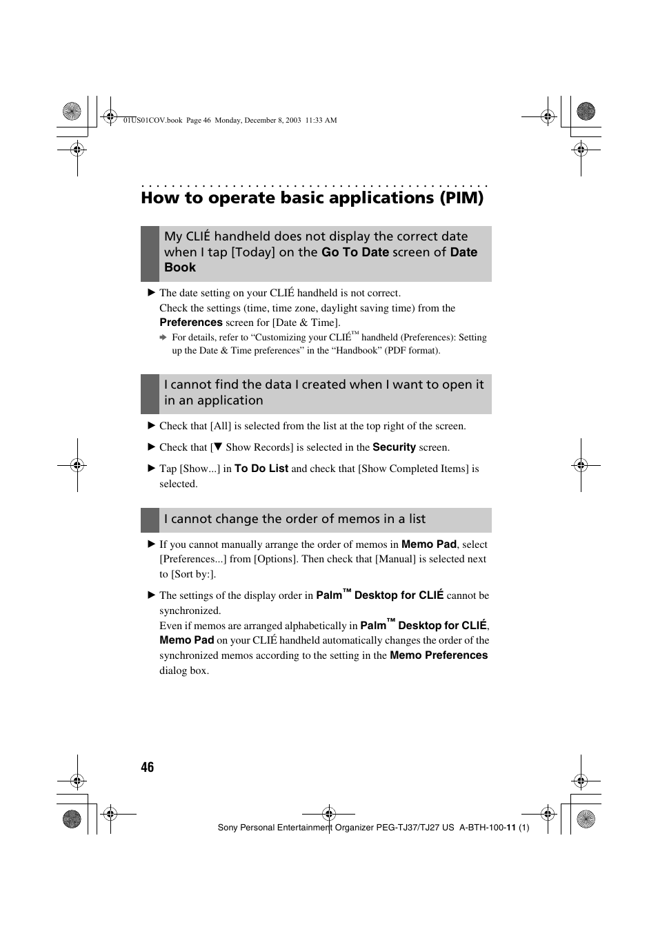 How to operate basic applications (pim), How to operate basic, Applications (pim) | Go to date, Screen of, Date book, I cannot change the order of memos in a list | Sony PEG-TJ27 User Manual | Page 46 / 51