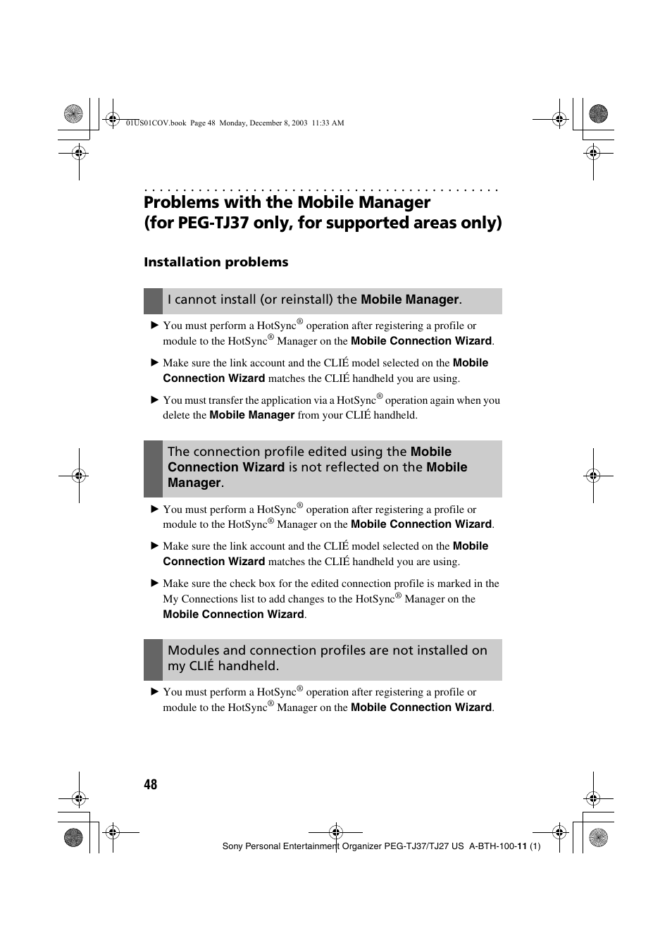 Problems with the mobile manager, For peg-tj37 only, for supported areas only), Installation problems | I cannot install (or reinstall) the, Mobile manager, The connection profile edited using the, Mobile connection, Wizard, Is not reflected on the, Mobile manage | Sony PEG-TJ27 User Manual | Page 48 / 51