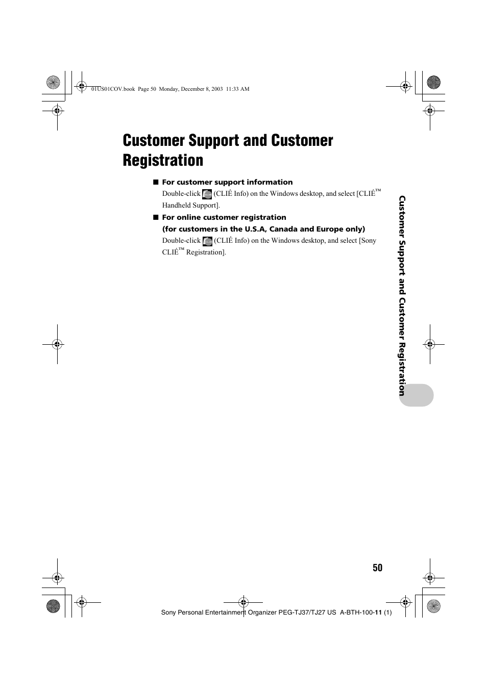 Customer support and customer registration | Sony PEG-TJ27 User Manual | Page 50 / 51