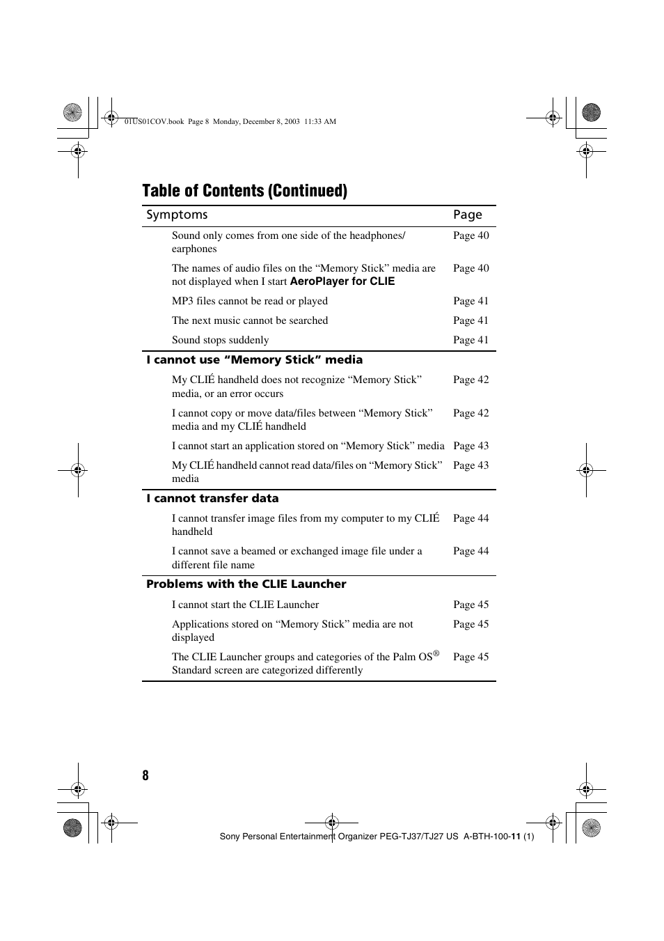 Table of contents (continued) | Sony PEG-TJ27 User Manual | Page 8 / 51