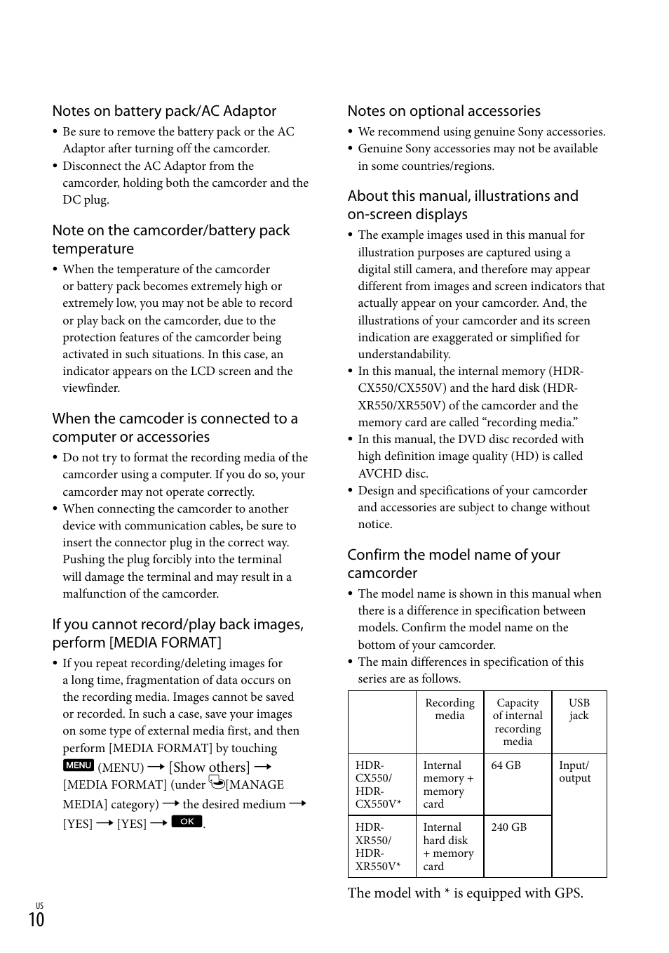 Confirm the model name of your camcorder | Sony HDR-XR550V User Manual | Page 10 / 159