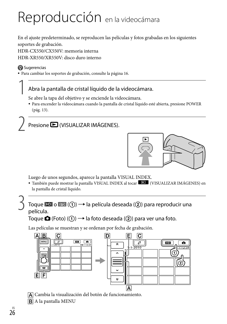 Reproducción en la videocámara, Reproducción, En la videocámara | Sony HDR-XR550V User Manual | Page 104 / 159