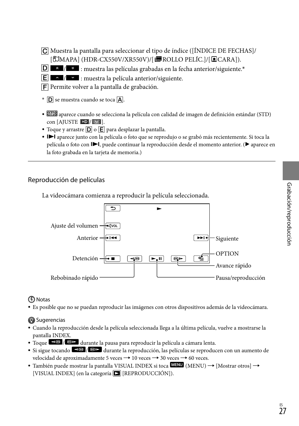 Reproducción de películas | Sony HDR-XR550V User Manual | Page 105 / 159