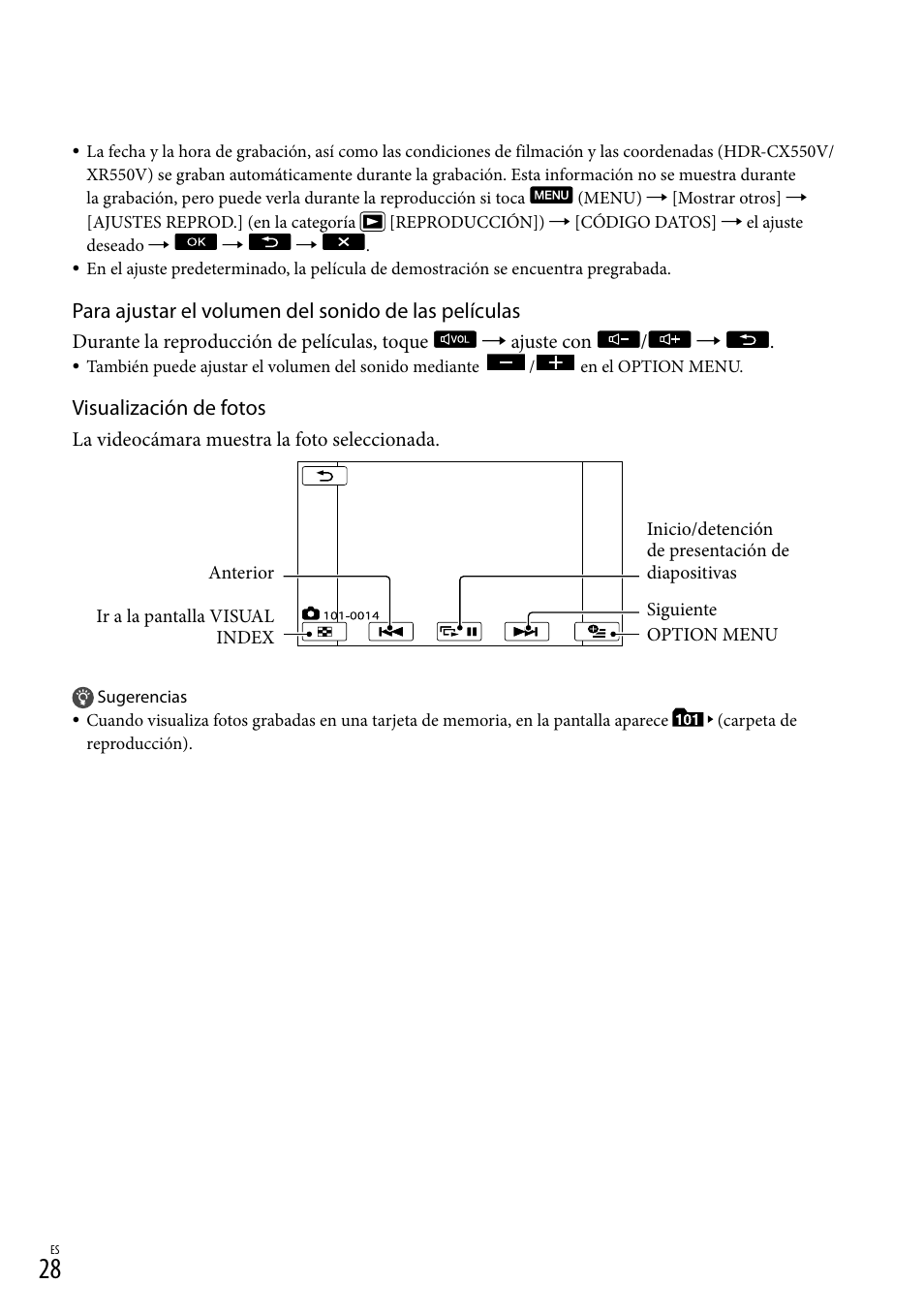 Visualización de fotos | Sony HDR-XR550V User Manual | Page 106 / 159