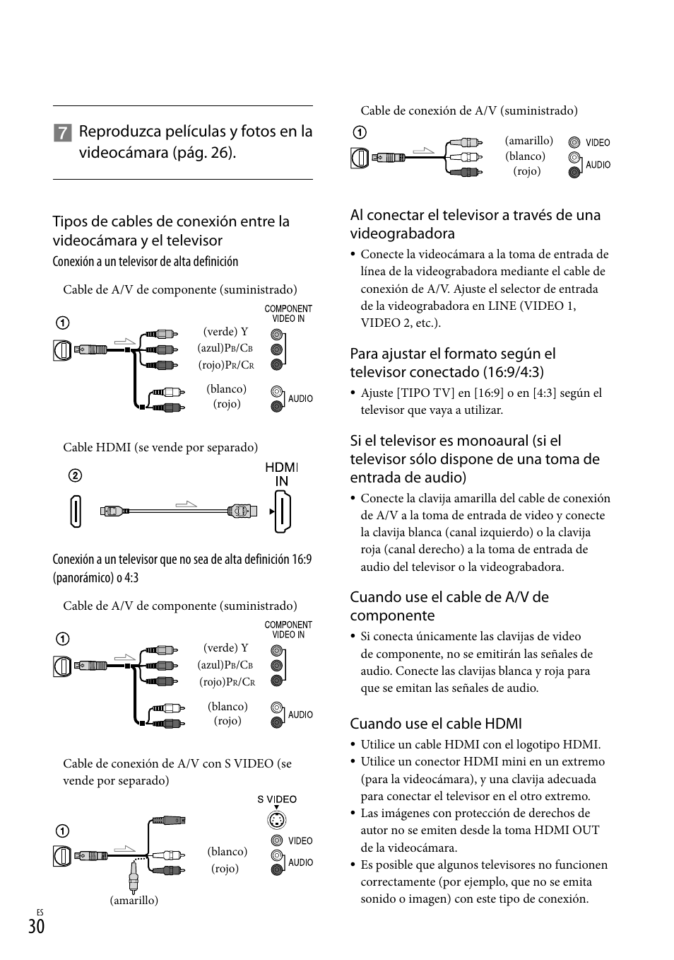 Cuando use el cable de a/v de componente, Cuando use el cable hdmi | Sony HDR-XR550V User Manual | Page 108 / 159
