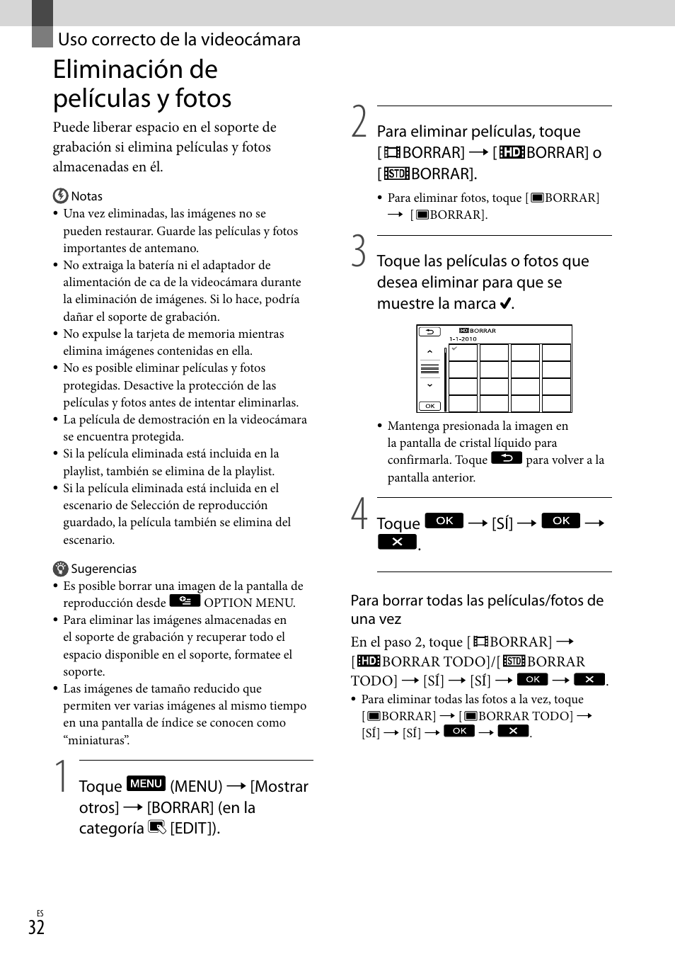 Uso correcto de la videocámara, Eliminación de películas y fotos | Sony HDR-XR550V User Manual | Page 110 / 159