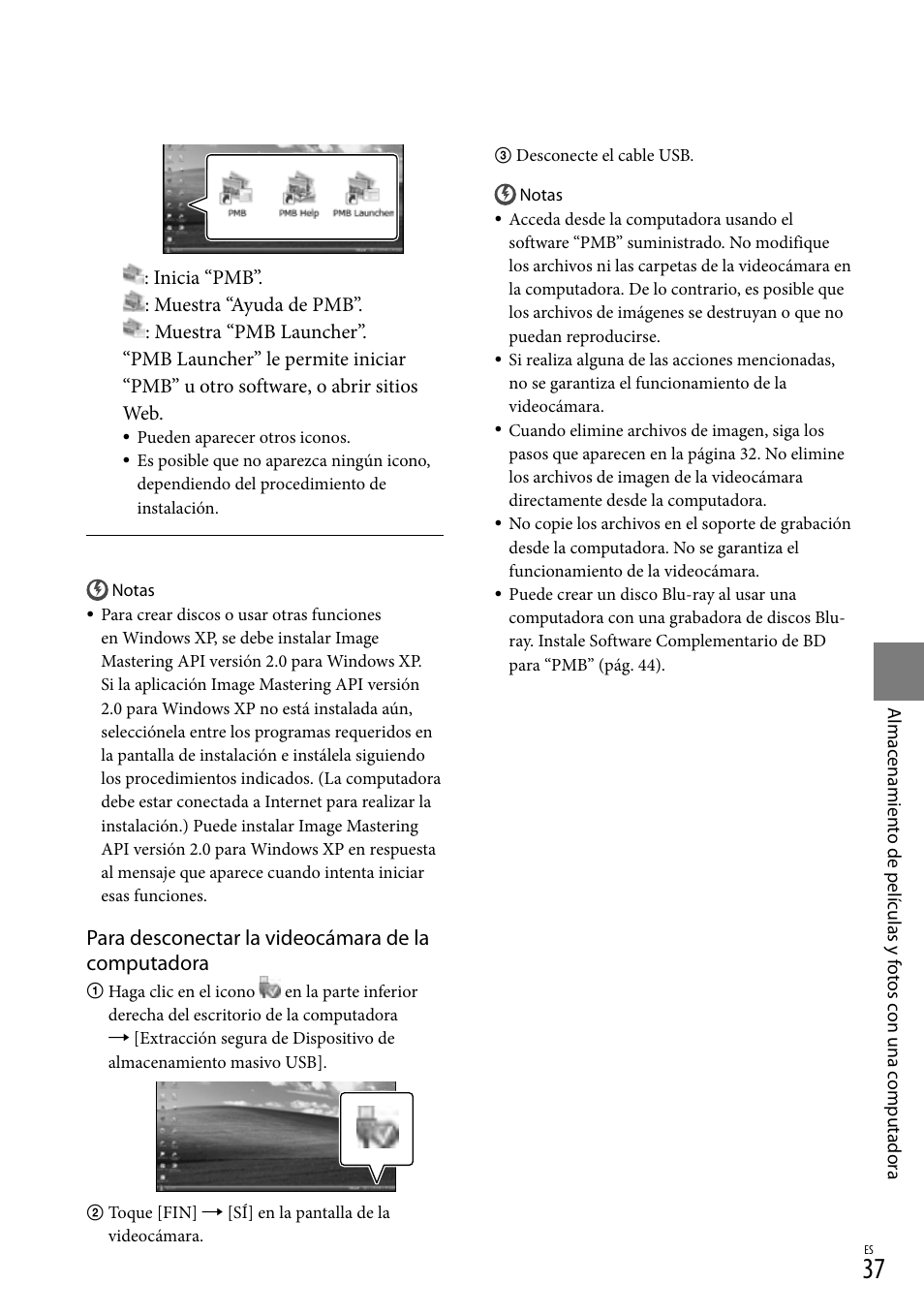 Para desconectar la videocámara de la computadora | Sony HDR-XR550V User Manual | Page 115 / 159