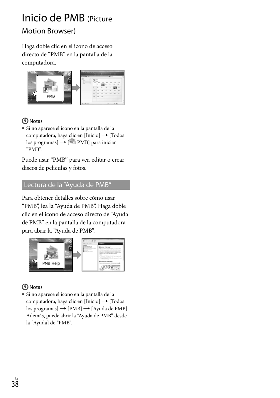 Inicio de pmb (picture motion browser), Inicio de pmb, Picture motion browser) | Lectura de la “ayuda de pmb | Sony HDR-XR550V User Manual | Page 116 / 159