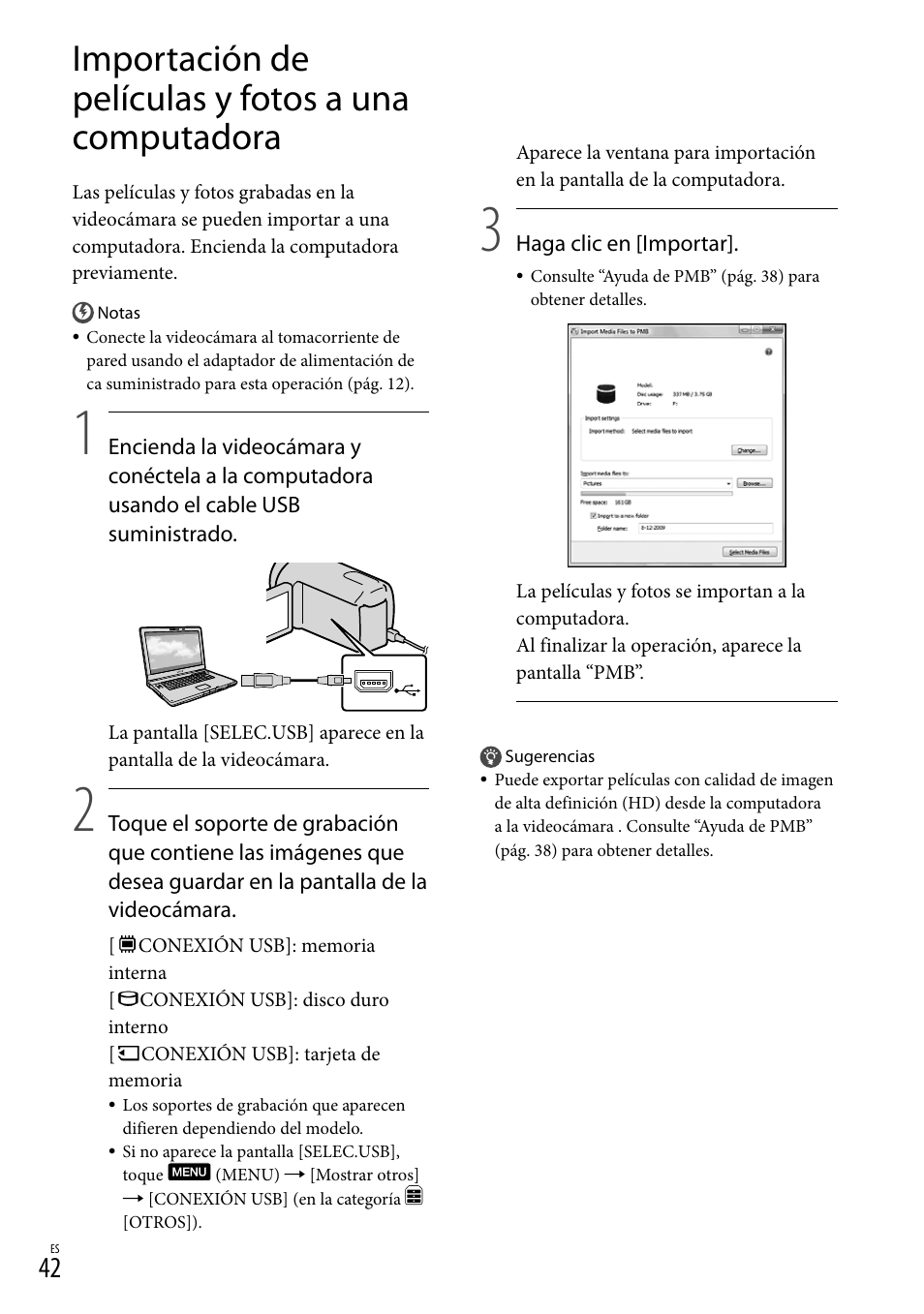 Importación de películas y fotos a una computadora, 42) y l | Sony HDR-XR550V User Manual | Page 120 / 159