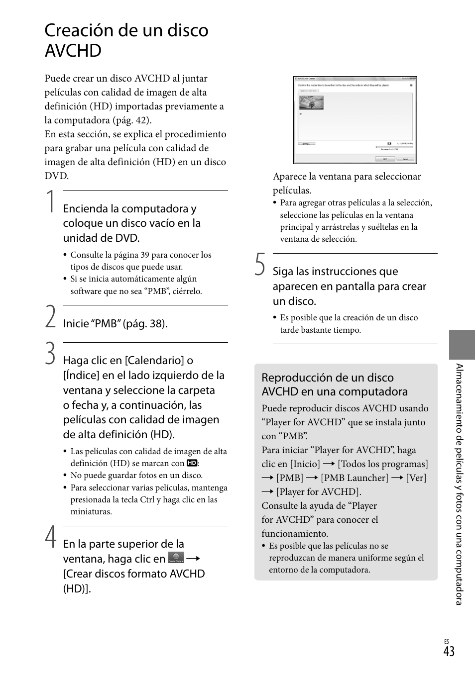 Creación de un disco avchd, Reproducción de un disco avchd en una computadora | Sony HDR-XR550V User Manual | Page 121 / 159