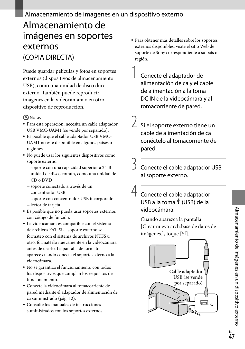 Almacenamiento de imágenes en soportes externos, Copia directa) | Sony HDR-XR550V User Manual | Page 125 / 159