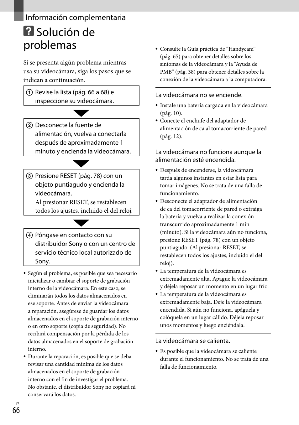 Información complementaria, Solución de problemas | Sony HDR-XR550V User Manual | Page 144 / 159