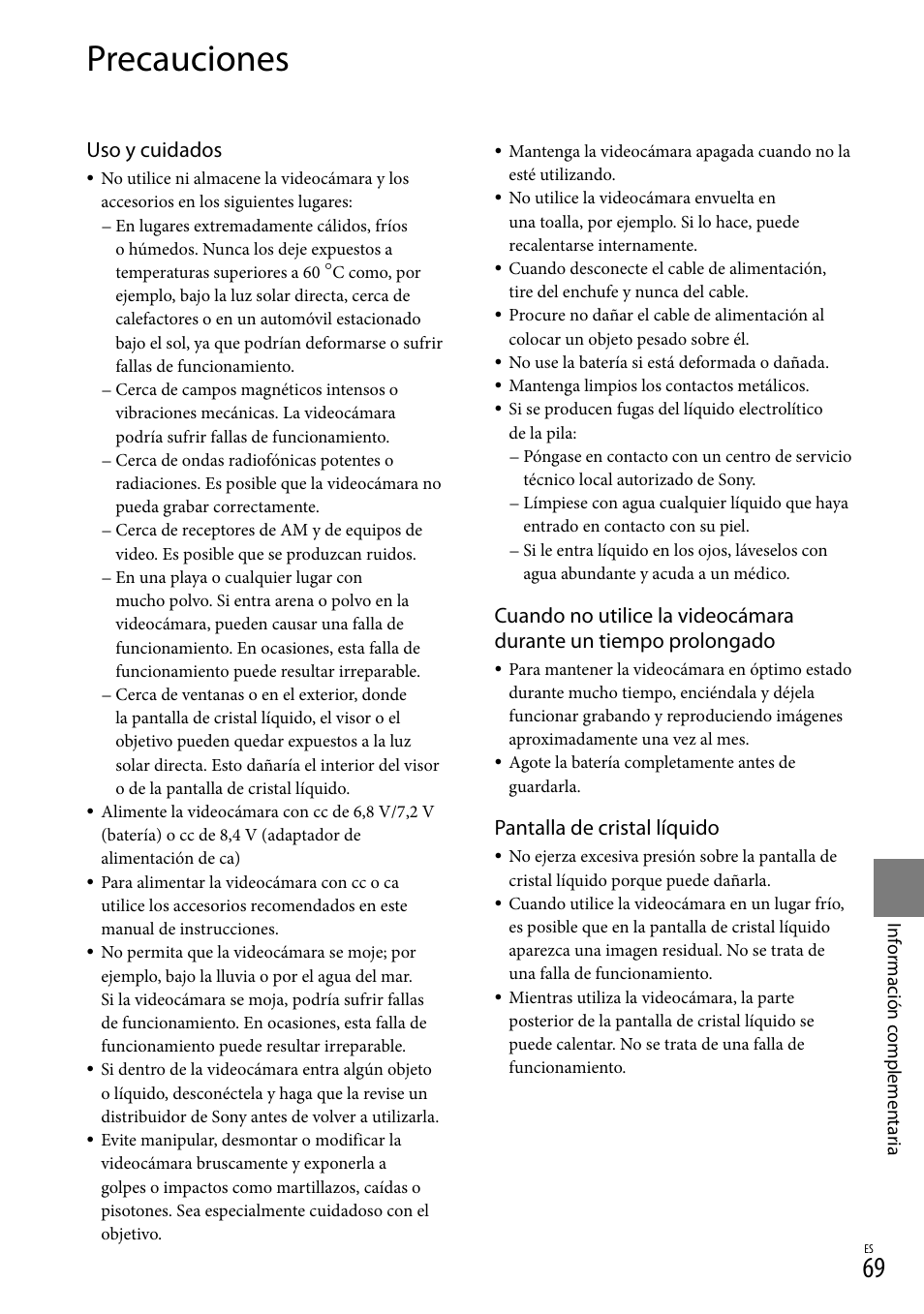 Precauciones, Uso y cuidados, Pantalla de cristal líquido | Sony HDR-XR550V User Manual | Page 147 / 159