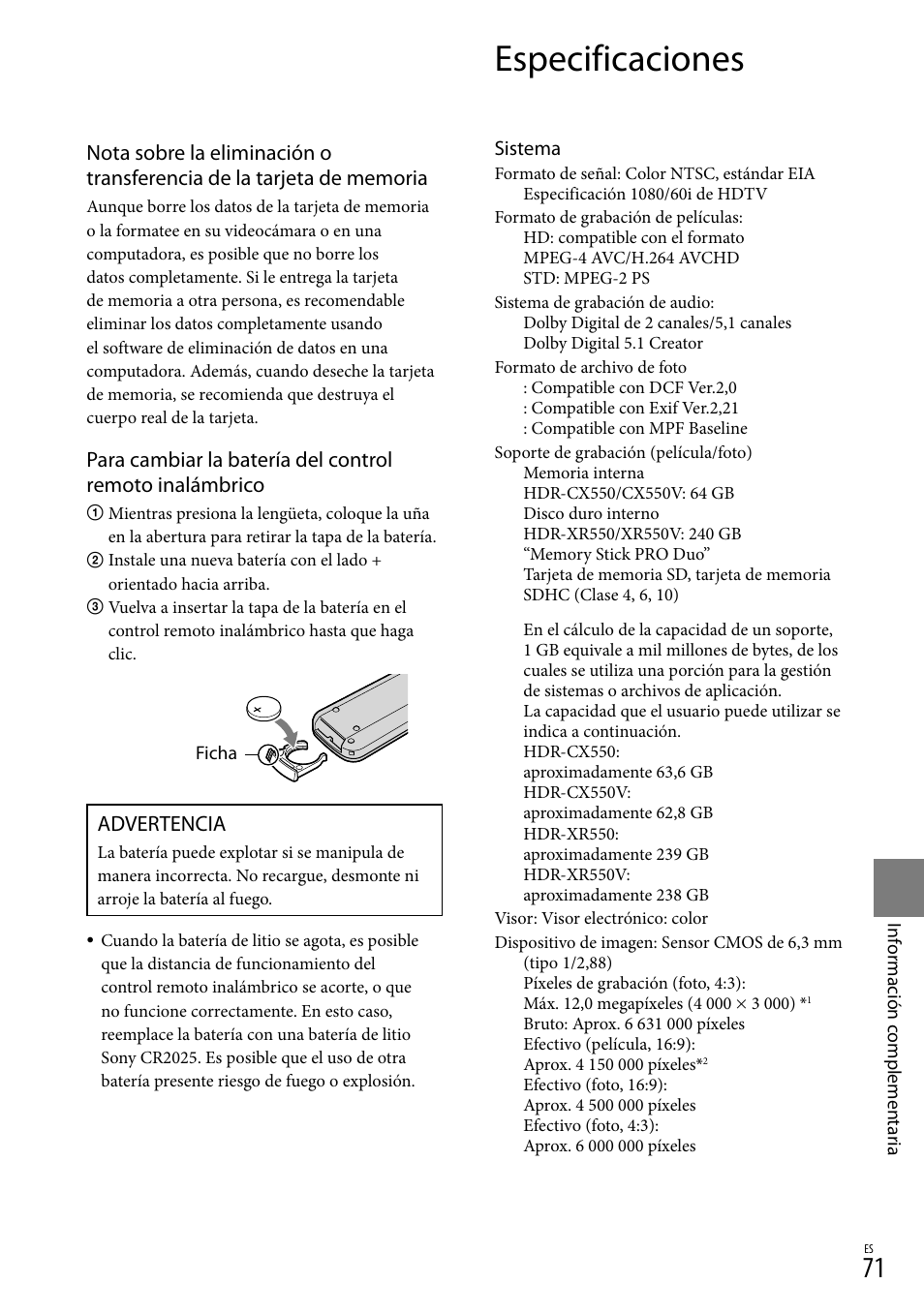 Especificaciones, Advertencia | Sony HDR-XR550V User Manual | Page 149 / 159
