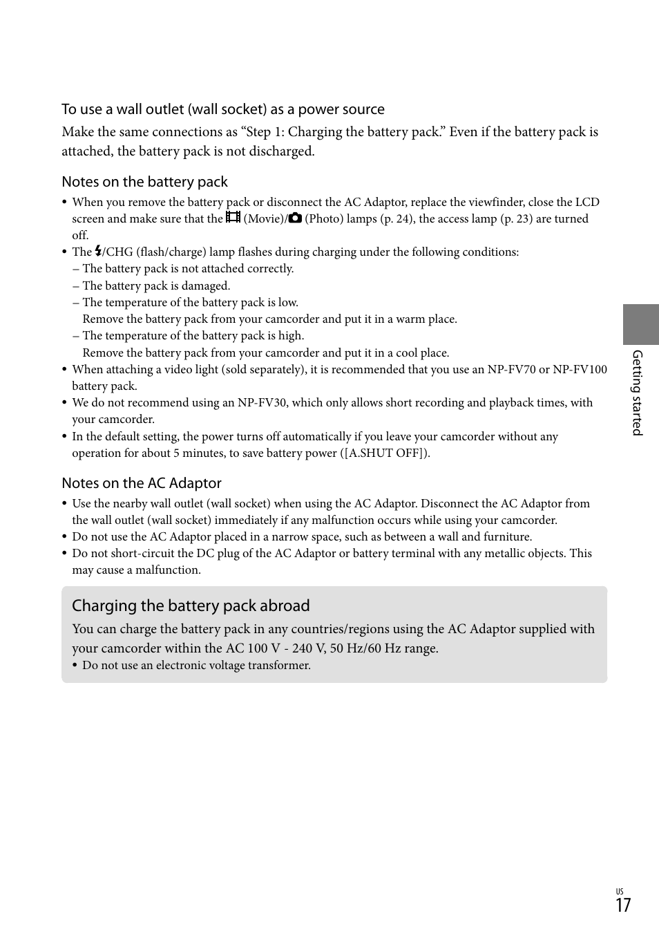 Charging the battery pack abroad | Sony HDR-XR550V User Manual | Page 17 / 159