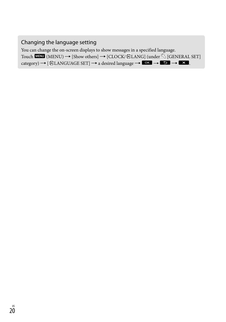 Changing the language setting | Sony HDR-XR550V User Manual | Page 20 / 159